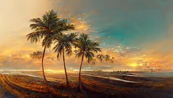 Oasis at sunset in a sandy desert, a panorama of the desert with palm trees,3d rendering. photo