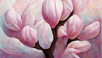 Pink magnolia tree in blossom, acrylic painting on canvas. photo