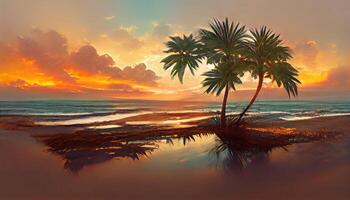 Beautiful beach with palm trees at sunset, panorama of a tropical landscape, sea sunset, 3d rendering. Generative Ai photo
