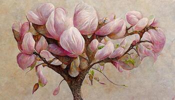 Pink magnolia tree in blossom, acrylic painting on canvas. photo