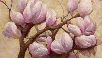 Pink Magnolia tree in blossom, acrylic painting. photo