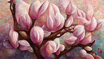 Acrylic painting on canvas art poster in floral motif. Modern style fashion artwork. photo
