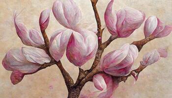 Pink magnolia tree in blossom, acrylic painting on canvas. photo