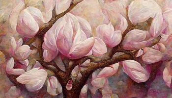 Pink Magnolia tree in blossom, acrylic painting. photo
