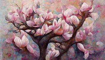 Surprising Pink magnolia tree in blossom, acrylic painting on canvas. photo