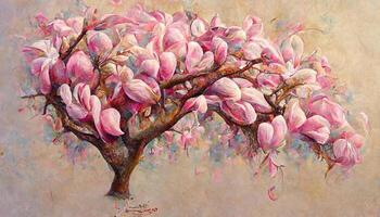 Pink Magnolia tree in blossom, acrylic painting. photo