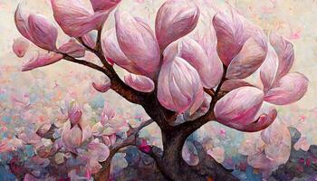 Surprising Pink magnolia tree in blossom, acrylic painting on canvas. photo