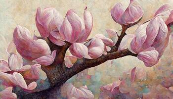 Acrylic painting on canvas art poster in floral motif. Modern style fashion artwork. photo