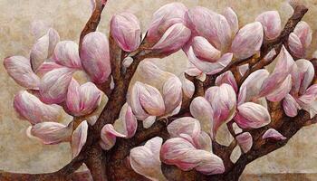 Acrylic painting on canvas art poster in floral motif. Modern style fashion artwork. photo