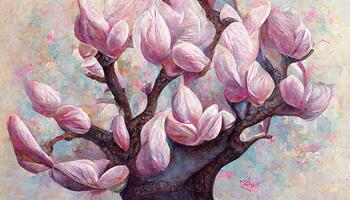 Wonderful Pink magnolia tree in blossom, acrylic painting on canvas. photo