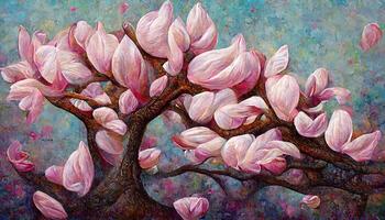 Surprising Pink magnolia tree in blossom, acrylic painting on canvas. photo