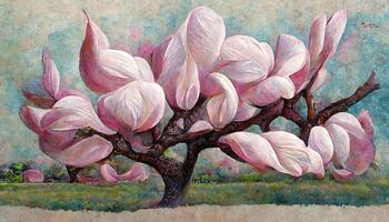 Pink Magnolia tree in blossom, acrylic painting. photo