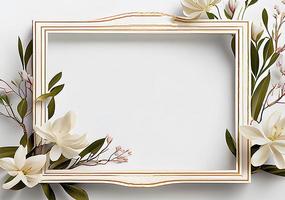 Photo frame, floral decoration on white background. copy space frame, Valentine's day, mother's day, women's day, spring concept, top view, generate ai