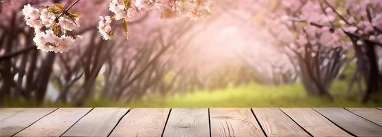 empty wooden table with cherry blossom decoration. blurred bokeh spring background. copy space. For product display. templates, media, printing, etc., generate ai photo