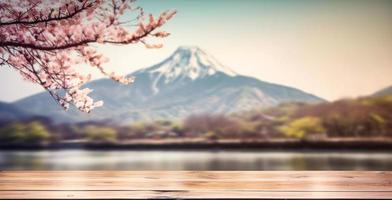 vacío de madera mesa con primavera Cereza florecer decoración. borroso bokeh montaña y lago ver antecedentes. Copiar espacio. para producto mostrar. plantillas, medios de comunicación, impresión, etc., generar ai foto