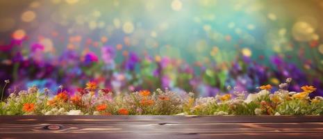 empty wooden table decorated with colorful flowers. Blurred bokeh spring background. copy space. For product display. templates, media, printing, etc., generate ai photo