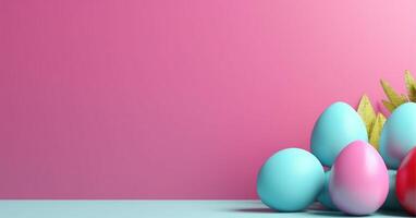 pink background with copy space. easter day concept, colorful egg decoration, photo