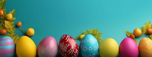 bright blue background with copy space. easter day concept, colorful egg and leaves decoration, generative a photo