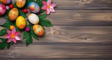 wooden background with copy space, easter day concept, egg pattern, spring leaves and flowers, photo
