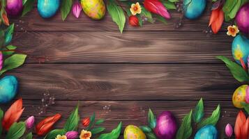 wooden background with copy space, easter day concept, egg pattern, spring leaves and flowers, photo