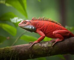 detallado retrato de rojo iguana, generativo ai foto