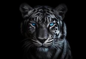 Detailed portrait of white tiger face, isolated on black background. photo