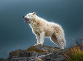 hermosa retrato, ver de blanco lobo en parte superior de montaña, generativo ai foto