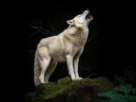 View of white wolf roaring on dark background, photo