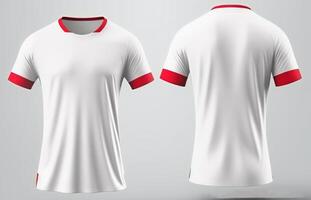 rojo raya blanco Deportes jersey Bosquejo, frente y espalda vista, generativo ai foto