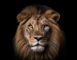 Detailed portrait of a lion's face, isolated on black background. photo