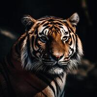 detallado retrato de un de tigre rostro, aislado en negro antecedentes. generativo ai foto