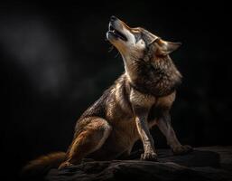 Detailed portrait of a wolf roaring on a dark background, photo