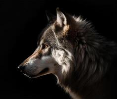 Detailed portrait of a wolf's face, against a dark background, photo