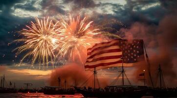 antecedentes ver de un manojo de barcos ondulación americano bandera y fuegos artificiales, Estados Unidos independencia día celebracion concepto, generar ai foto