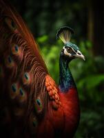 Detail portrait of beautiful red peacock, photo