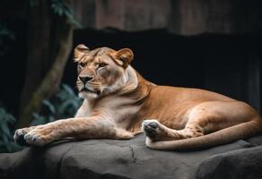 retrato de un leona relajante en un roca, generativo ai foto