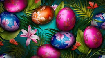 easter background, egg pattern, spring leaves and flowers, generative ai photo