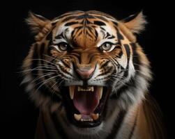 Detailed portrait of a roaring tiger's face, isolated on black background. generative ai photo