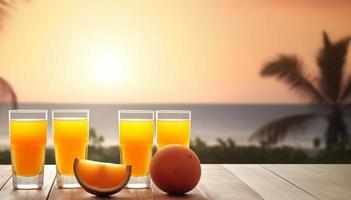 empty wooden table. decoration of juice glass and citrus fruits. sea and coconut tree background with sunset bokeh view, blur. copy space. For product display. template, media, print, etc. produce ai photo