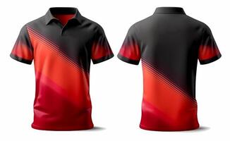 sport shirt mockup with black and red pattern, front and back view, photo