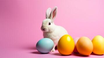 rosado antecedentes con Copiar espacio, Pascua de Resurrección día concepto, conejito y huevo decoración, generativo ai foto