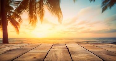 empty wooden table view. sea and coconut tree background with blurred bokeh sunset view. copy space. For product display. templates, media, printing, etc. produce ai photo