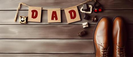 father's day greeting card, decorative baubles, against a wooden wall and copy space background, photo