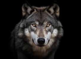 Detailed portrait of a wolf's face, against a dark background, photo