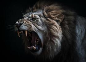 Detailed portrait of a roaring lion's face, isolated black background, photo