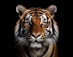 detallado retrato de un de tigre rostro, aislado en negro antecedentes. generativo ai foto
