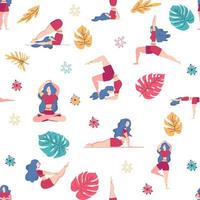 Yoga seamless pattern woman is engaged. Yoga poses, lotus, monstera. Health of mind and body vector