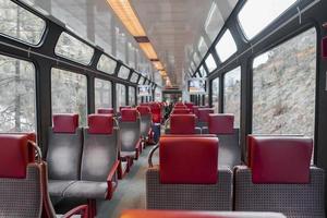 Empty seats arranged in a row inside passenger train photo