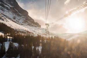 Gondola lift cables over forest against Bernese mountains and sky photo