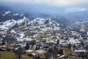 casas en medio de arboles en nieve cubierto paisaje en Grindelwald pueblo foto